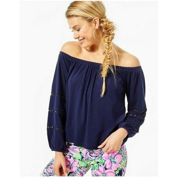 Lilly Pulitzer Tops - Lilly Pulitzer Katt Off The Shoulder Top True Navy Lace Cutouts XL NWOT